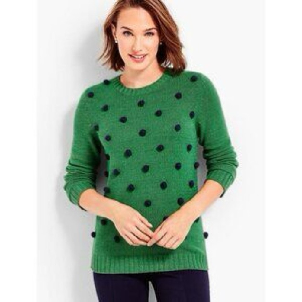 Talbots Crewneck Sweater with Pom Poms and Zipper at Back of Neck